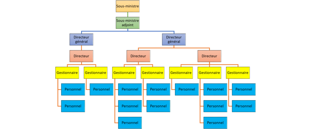 a general organizational chart including Deputy Minister at the top, through assistant deputy minister, directors general, directors, managers, and positions at the staff level.